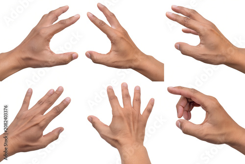 Set of male hands showing various gestures isolated on white background with gestures communication reaching grasping pointing collection isolated background touching expressive