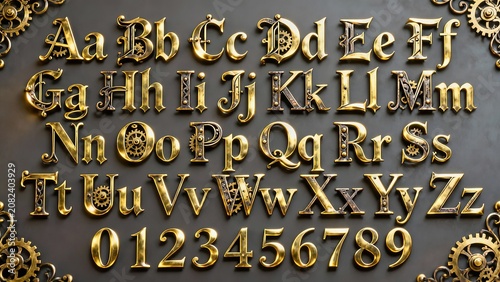 vintage victorian font set featuring brass gears and industrial style