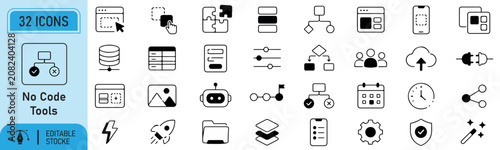 32 No Code Tools Line Icons, Low Code Platform and Web App Builder Vector Set