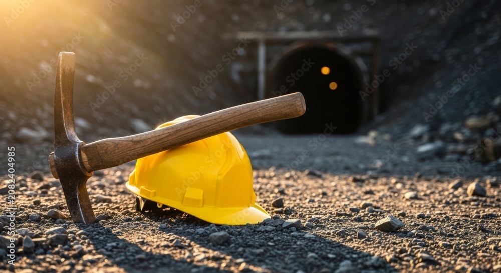 Fototapeta premium Mining pickaxe and hard hat at mine entrance, symbolizing industry, hard work, and safety during golden hour.