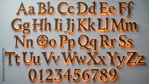 medieval mystical script for gaming titles featuring charred metal characters and numbers