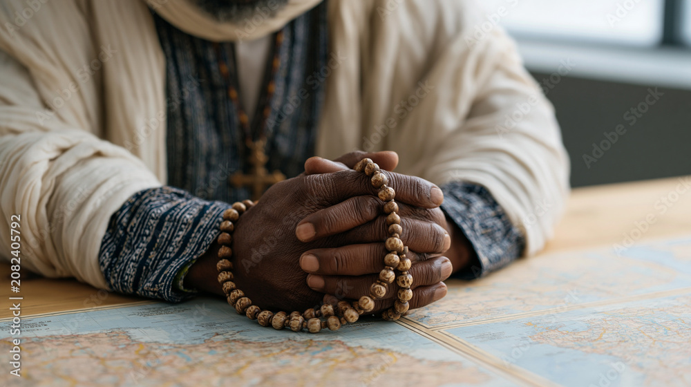 Fototapeta premium Weathered hands of an Ethiopian Orthodox deacon trembling while clutching old prayer beads during therapy, seated across from a counselor in a quiet clinic room, maps of trauma