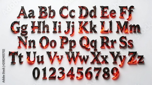 fantasy game font with burning charcoal and flame effect