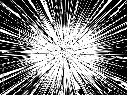 Naklejka 黒背景の中央から力強く放射される白い集中線と激しい破片風の粒子を描いた、大迫力でエネルギッシュな戦闘漫画風の抽象横型背景素材