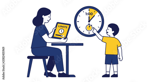 Mother Setting Screen Time Limits on Tablet for Young Child