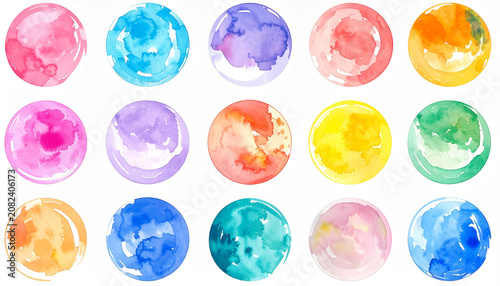 Collection of colorful watercolor circles on white background, vibrant fluid paint washes, soft color bleeding edges, perfect for design projects concept, contemporary fine art.
