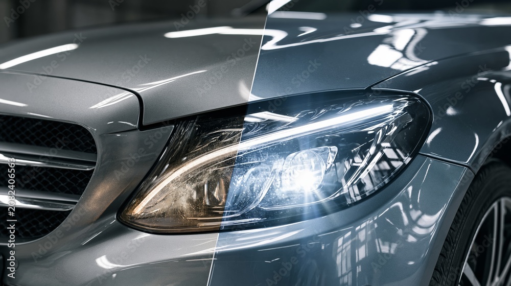 Fototapeta premium Car Headlight Restoration Before and After Showing Improved Clarity and Brightness for Safer Driving at Night