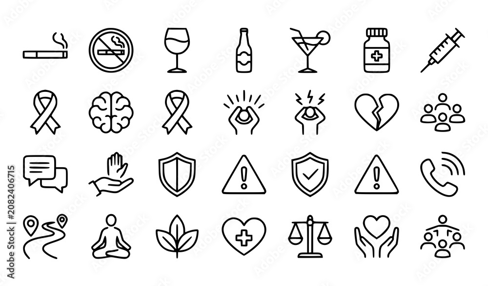 Fototapeta premium Substance Use Awareness and Mental Health Line Icons Vector Set