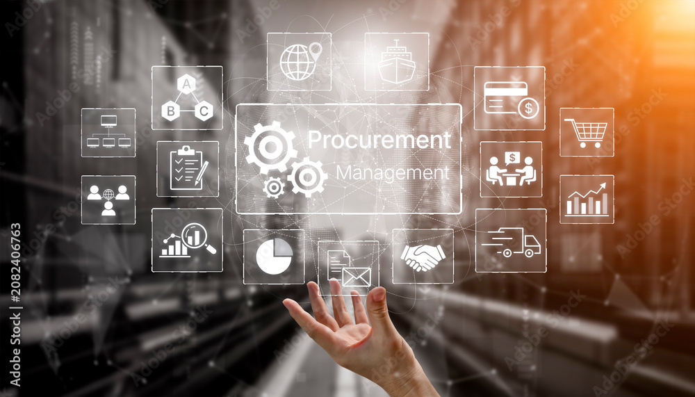 Fototapeta premium Digital Concept of Procurement Management with Gear Icons Representing Business Processes and Technology in a Modern Urban Setting. Bitwise.