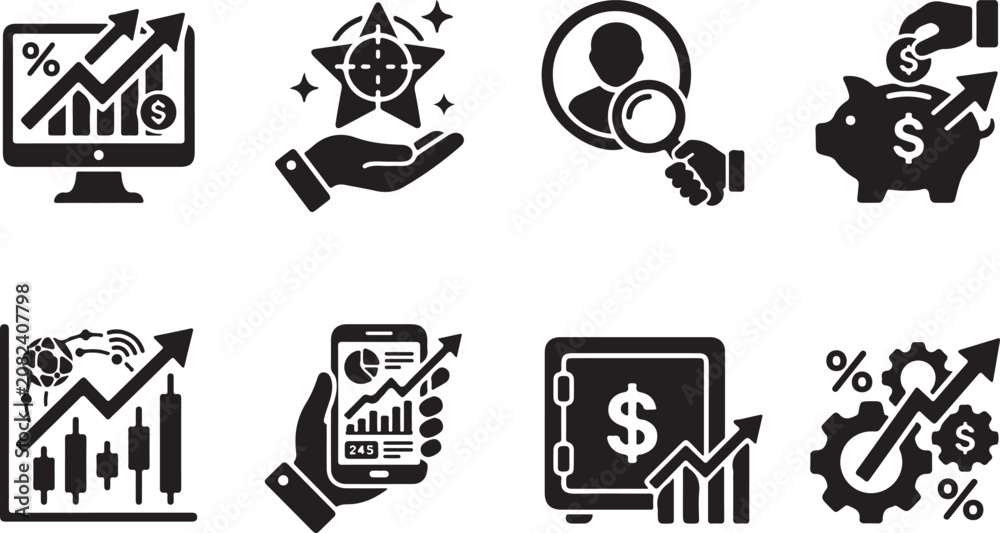 Fototapeta premium Set of black business and financial icons for marketing and data analysis