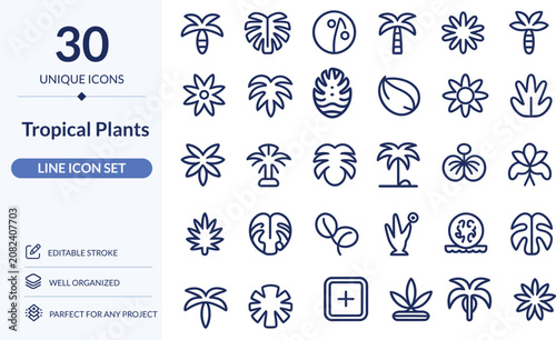 Tropical Plants Line Icons, 30 Editable Stroke Vector Icons for Botanical, Leaves and Indoor Plants