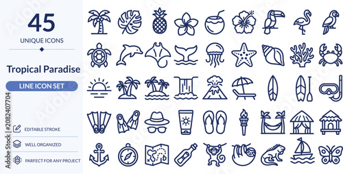 Tropical Paradise Line Icons, 45 Editable Stroke Vector Icons for Beach, Summer and Island Travel