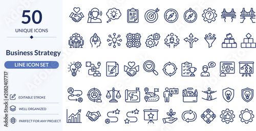 Business Strategy Line Icons, 50 Editable Stroke Vector Icons for Planning, Management and Growth