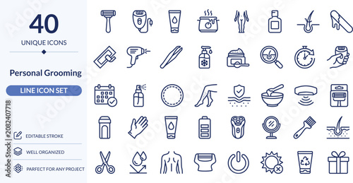 Personal Grooming Line Icons, 40 Editable Stroke Vector Icons for Hygiene, Beauty and Self Care