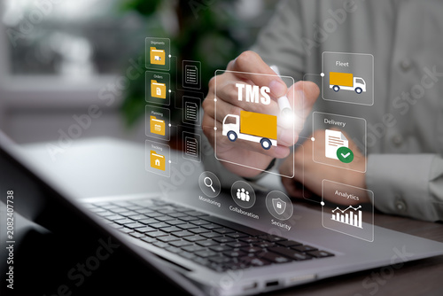 Transportation management system with shipment, order, planning, tracking, fleet, delivery and analytics modules, representing secure logistics operations and real-time transport management.
