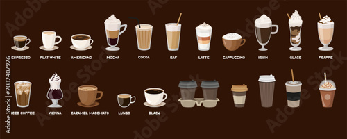 Foto A set of various coffee cup drinks in a clean graphic style on a dark background, showing diverse beverage concepts