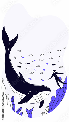 Freediver exploring the deep blue abyss beside a whale, underwater scene