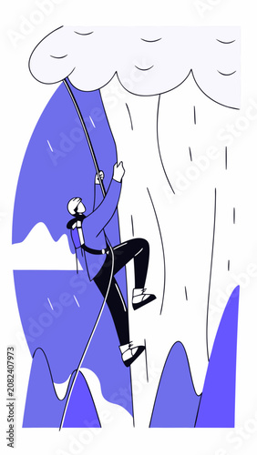 Modern ice climber ascending a frozen vertical waterfall with an extreme atmosphere