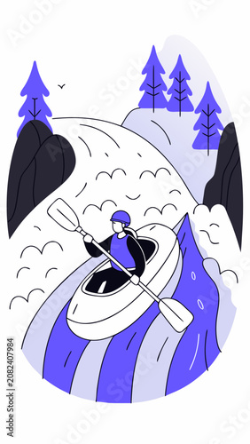 Packrafting enthusiast paddling through turbulent mountain rapids in a serene landscape