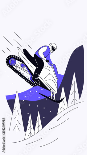 Snowmobile rider performing freestyle jump in snowy landscape