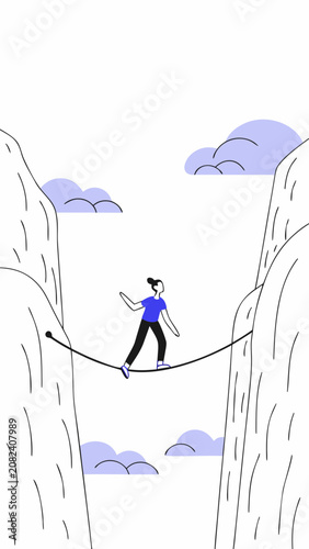 Professional slackliner balancing above cliffs with calm expression against a cloudy background