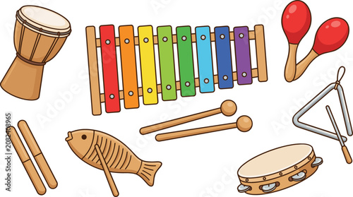 Bild auf Leinwand Colorful Kids Musical Instrument Vector Set Featuring Xylophone, Drum, Maracas,