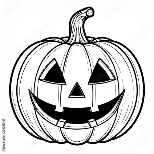 Halloween Jack-o-lantern pumpkin carving line art illustration, clean black lines on white background, traditional carved pumpkin design, celebration concept, minimalist graphic art style.