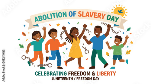 Bild auf Leinwand Juneteenth celebration illustration with diverse children breaking chains
