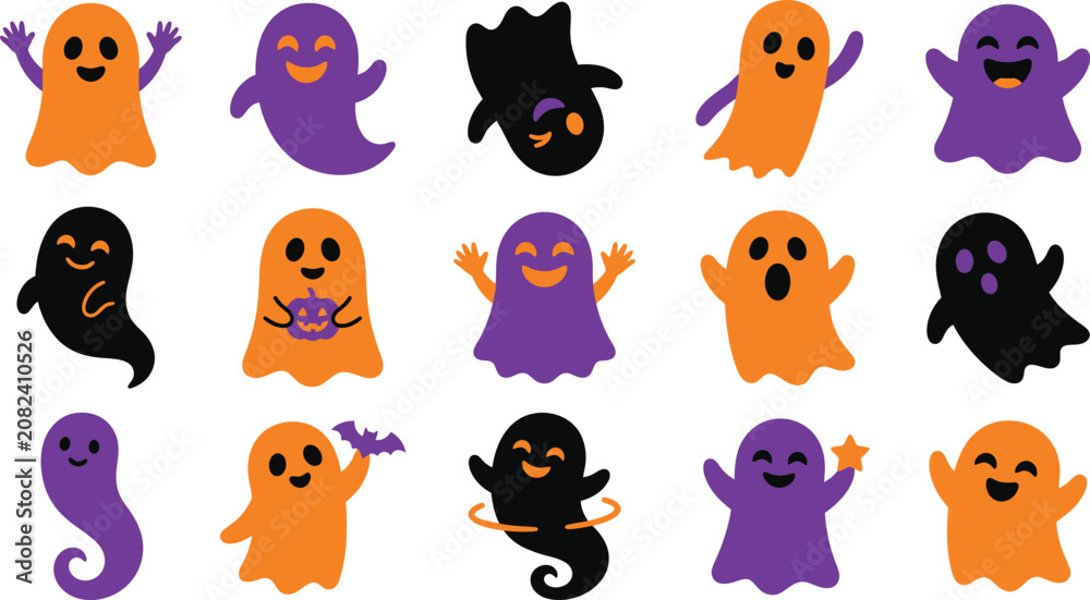 Fototapeta premium Festive halloween ghost characters collection in orange purple and black vector illustration