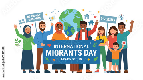 Bild auf Leinwand Diverse people holding International Migrants Day banner with globe
