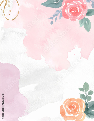 Watercolor painting of soft pastel floral background with delicate roses and leaves, hand drawn art, contemporary fluid paint washes, natural pigment bleeding.