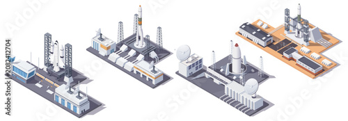 Isometric cosmodrome space center set with rockets in isometric style on white backdrop for cosmic exploration. Vector illustration