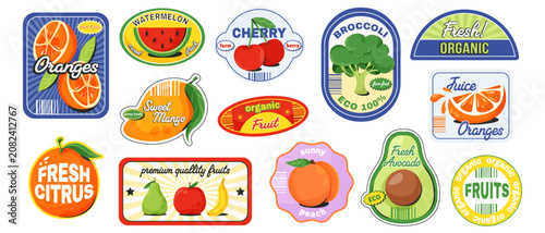Bild auf Leinwand Various fruit and vegetable stickers shown in flat style on white background, concept of organic freshness