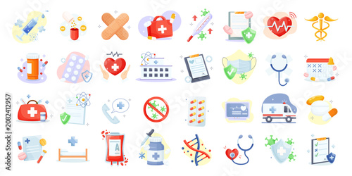 Medical icon set showing healthcare items in flat style on white background, concept of medicine, health and safety. Vector illustration