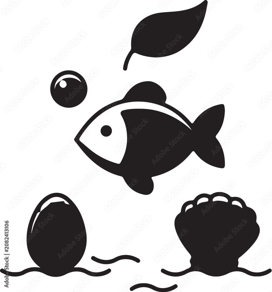 Fototapeta premium Abstract illustration of a stylized fish an egg a seashell in the ocean wildlife underwater creature environment silhouette abstract illustration ecological seashell undersea nautical