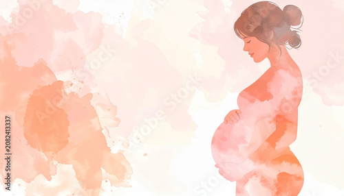 Watercolor illustration of pregnant woman silhouette, hand drawn art, motherhood and maternity concept, family planning and pregnancy theme, delicate fluid paint washes.