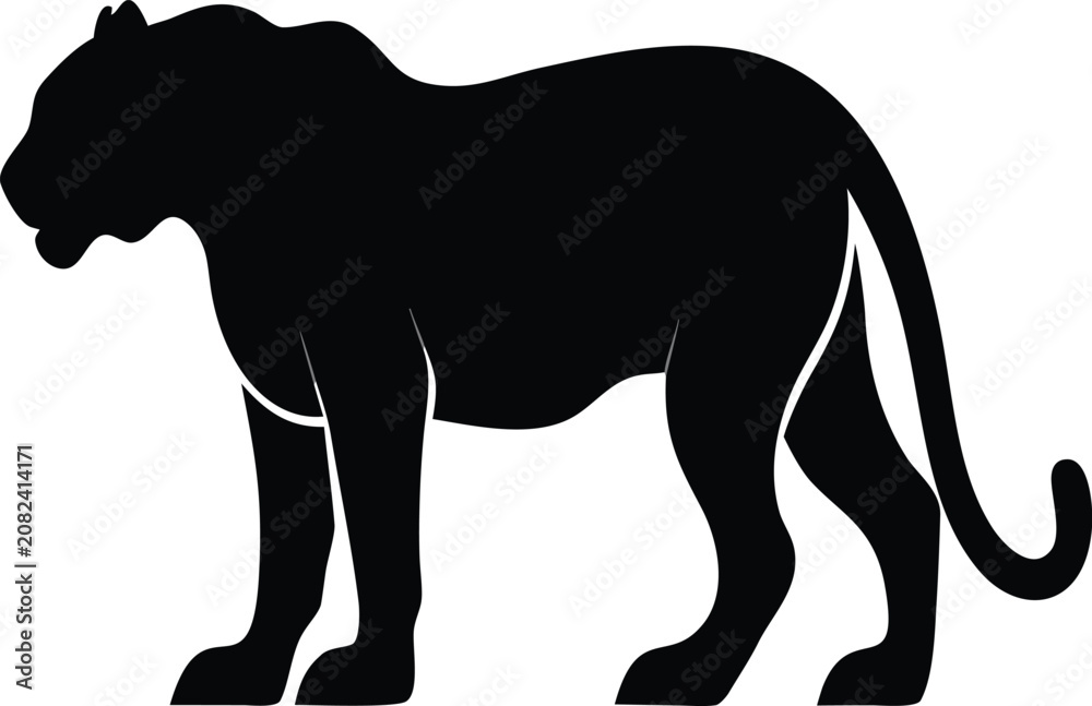 Obraz premium Minimalist black panther silhouette graphic icon featuring a sleek feline predator shape isolated on a clean white background for creative branding design