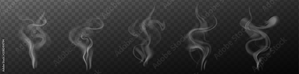Fototapeta premium Soft swirling smoke shapes in realistic style on dark transparent background, concept of vapor and mist. Vector illustration