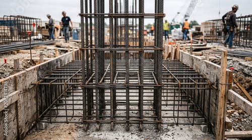 Construction Reinforcement Steel Rebar Framework in Urban Building Site with Workers