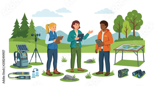 Konstfotografi Environmental scientists conducting field research in forest ecosystem