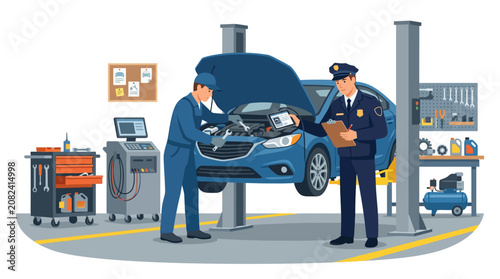 Mechanics performing diagnostics on a car in workshop.