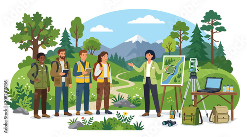 Photos Team of environmental scientists conducting research in forest.