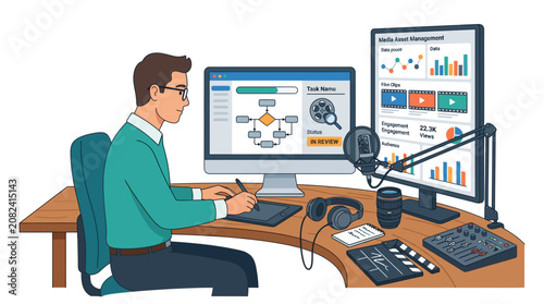 Digital content editor working at professional workstation.