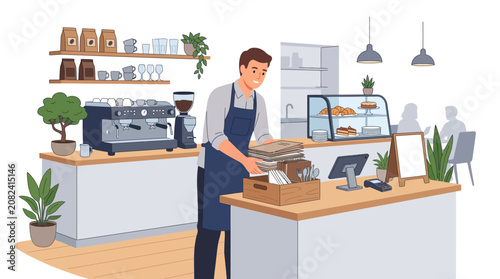 Bakery shop owner arranging fresh bread on retail counter.
