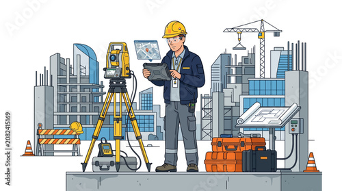 Male surveyor using theodolite at construction site.