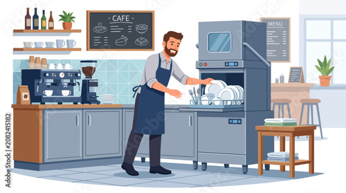 Professional kitchen worker loading dishes into commercial dishwasher machine.
