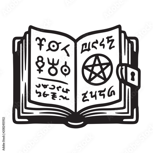 Konstfotografi Open spellbook with pentagram and magic symbols vector illustration spellbook pe