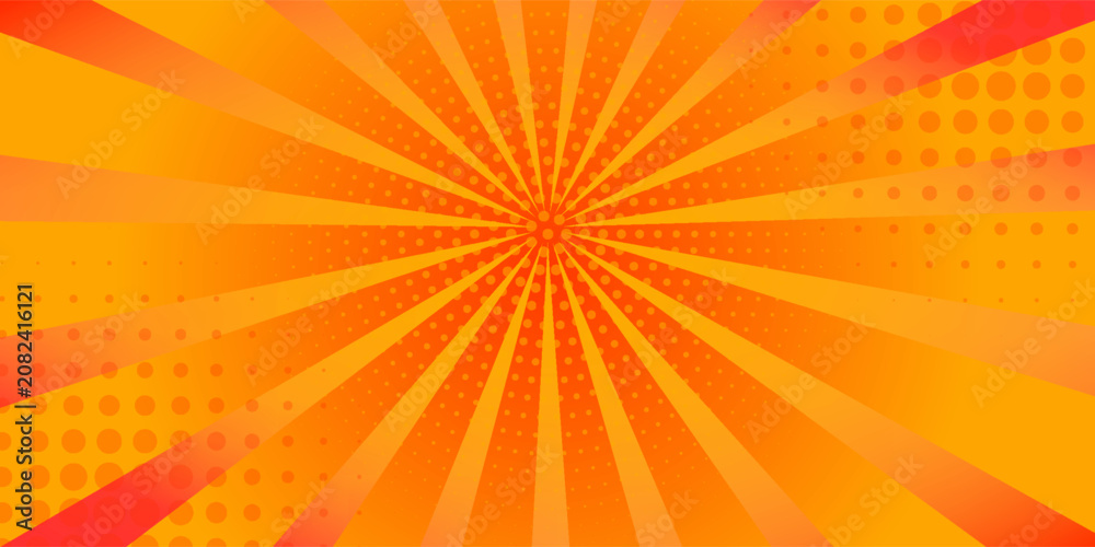 Fototapeta premium Bright orange-yellow gradient abstract background. Orange comic sunburst effect background with halftone. Suitable for templates, sales banners, events, ads, web, and pages
