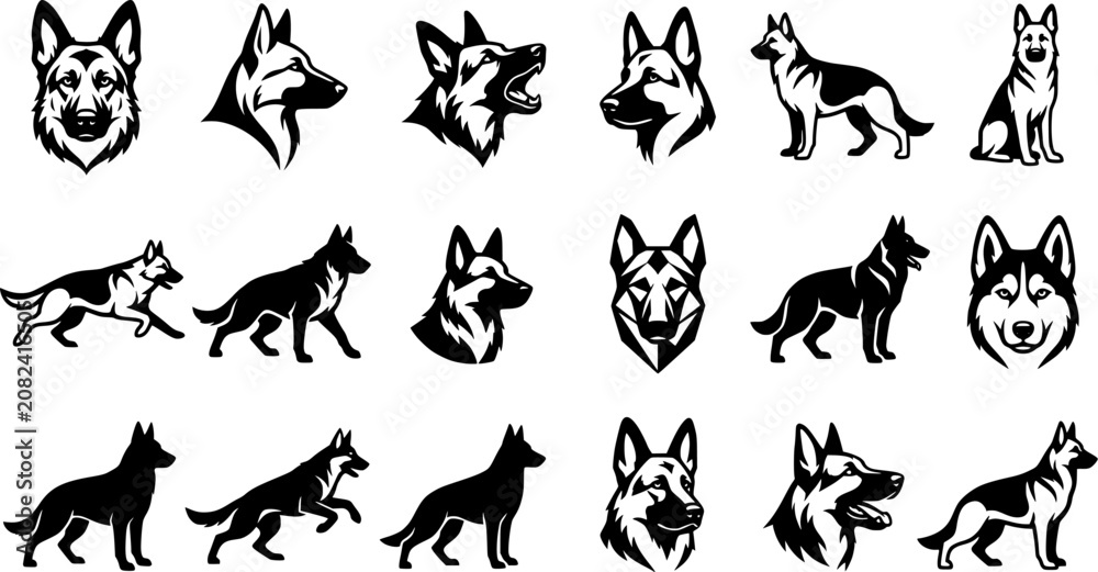 Fototapeta premium German Shepherd Dog Silhouette Logo Set – Guard Dog Head and Full Body Vector Icons for K9, Pet, Security, Mascot and Animal Branding