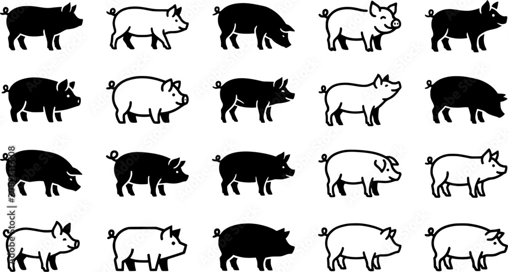 Obraz premium Pig Icon Set – Farm Animal Piglet Vector Outline and Silhouette Illustrations for Agriculture, Livestock, Pork, Butcher and Farm Design